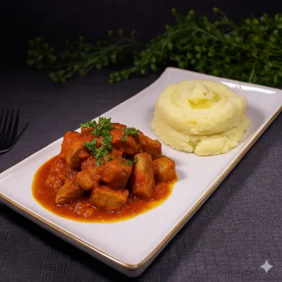 Tigaie usor picanta de porc si piure de cartofi - 350g